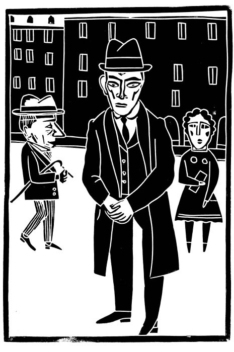 Grabado de Antonio Santos para el libro Kafka con sombrero